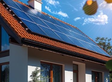 residential building on European street with solar panels installed on the roof. summer. residential building on European street with solar panels installed on the roof. summer. Realistic photography.