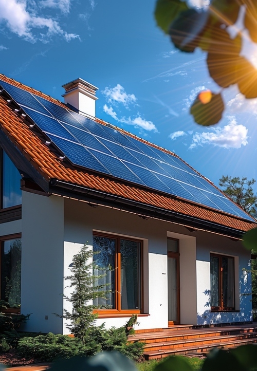 residential building on European street with solar panels installed on the roof. summer. Realistic photography.